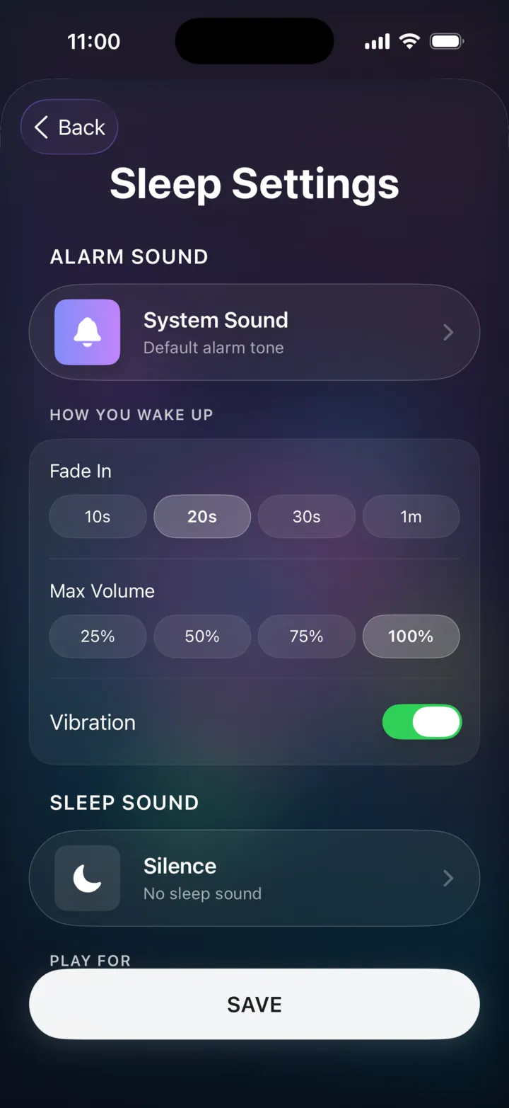 LuxRise Sleep Settings screen