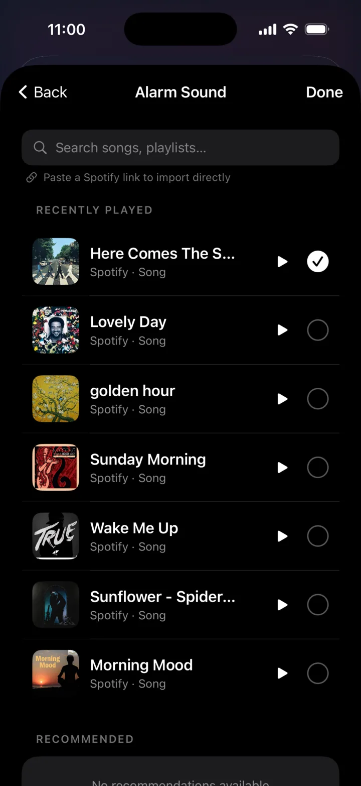 Alarm song selected