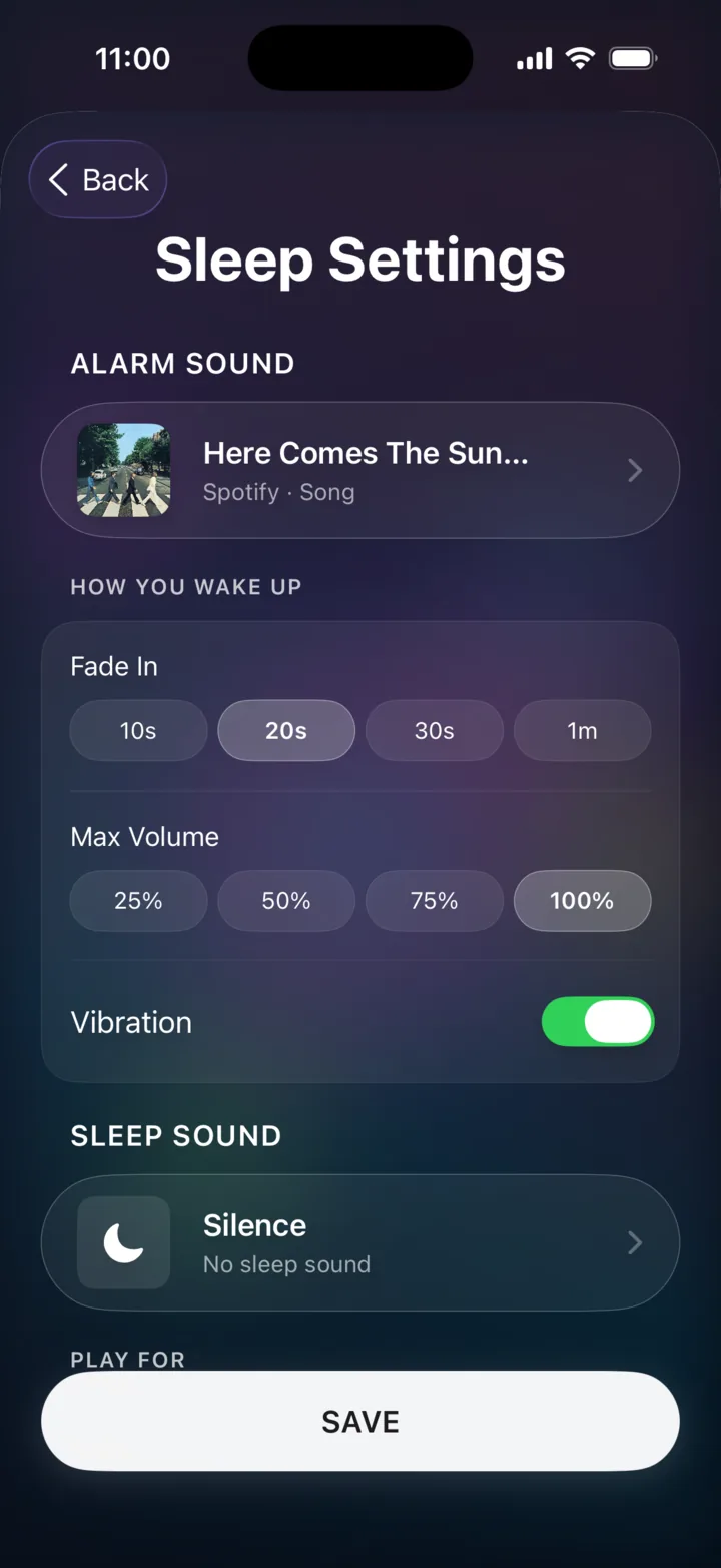 Sleep Settings with the alarm song saved