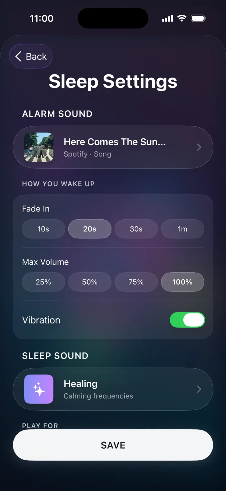 Sleep Settings with alarm and sleep sound saved