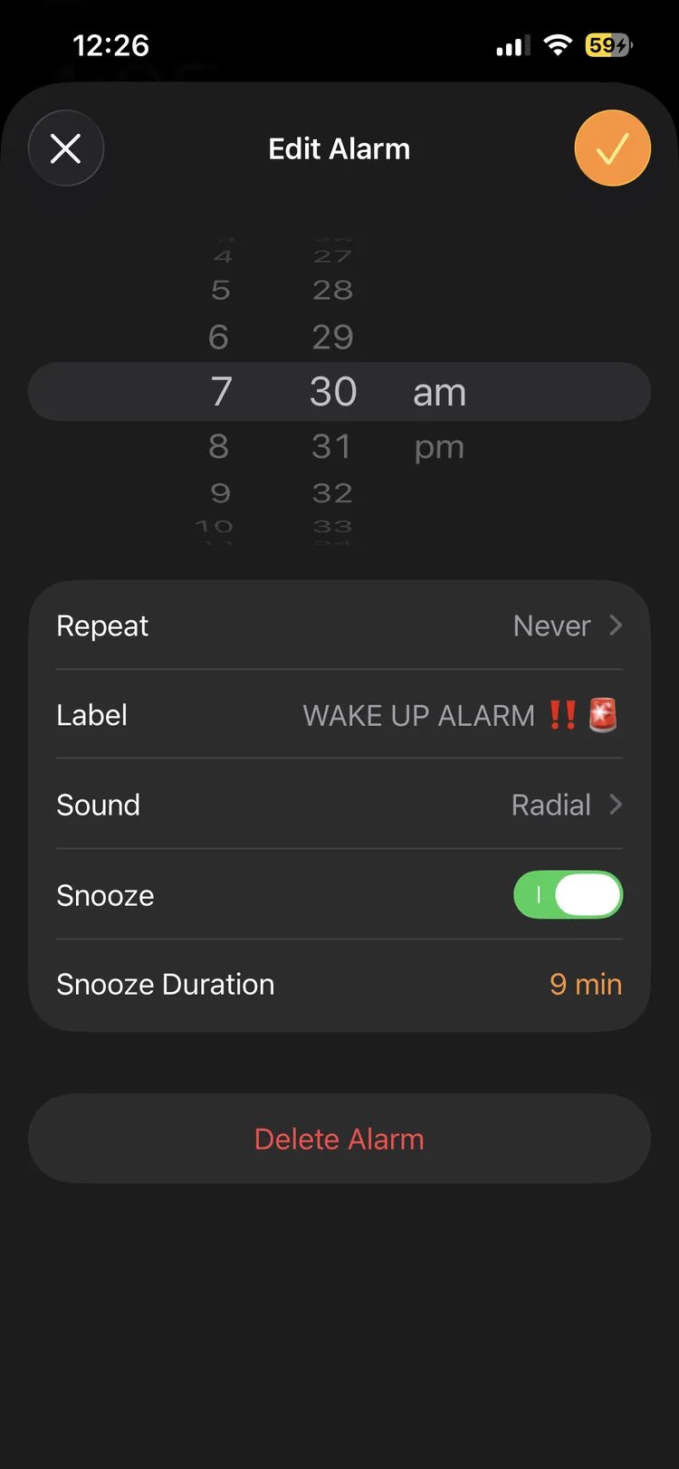 iPhone Edit Alarm screen with Sound set to the default tone