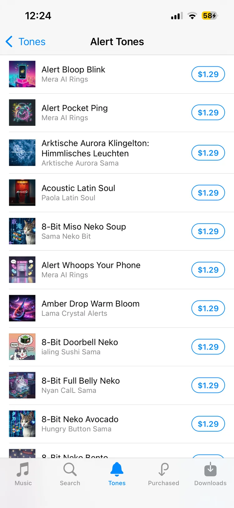 iTunes Store on iPhone showing $1.29 purchase buttons for each track