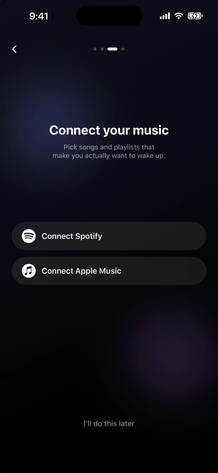 LuxRise connect your music screen with Connect Spotify and Connect Apple Music buttons