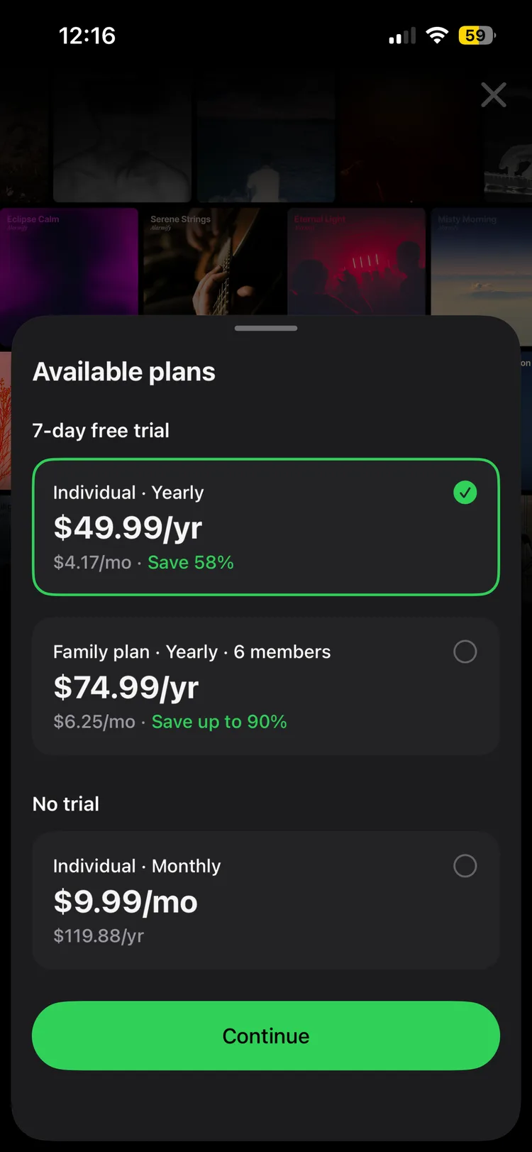 Alarmify plans screen showing $49.99 per year or $9.99 per month subscription pricing