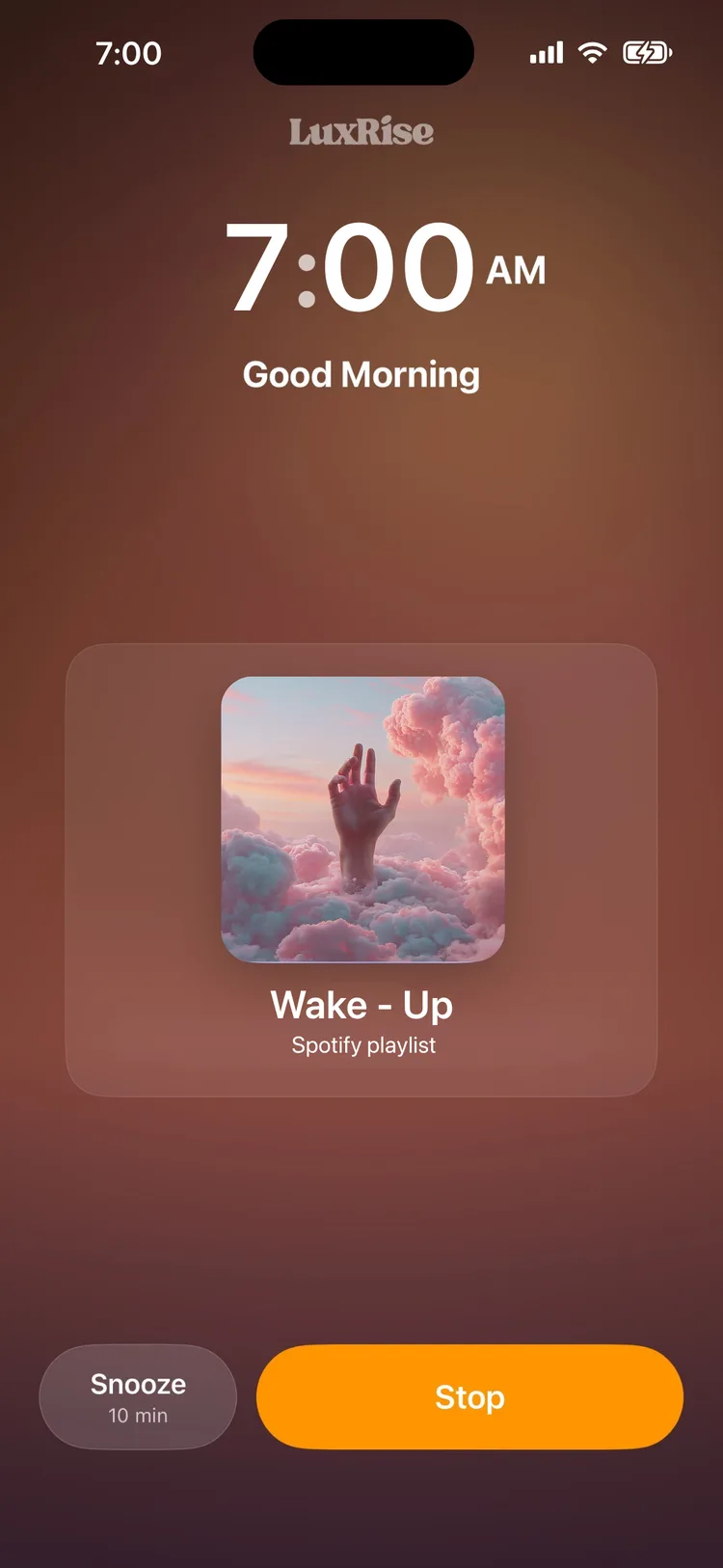 LuxRise wake screen at 7:00 AM playing a Spotify playlist
