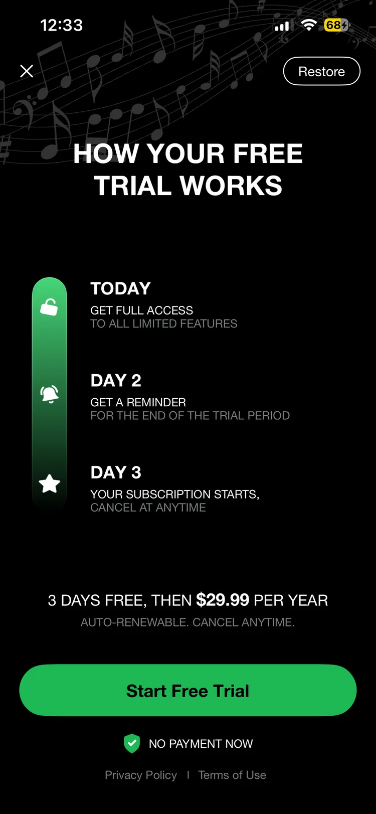 Music Alarm free trial screen showing 3 days free then $29.99 per year